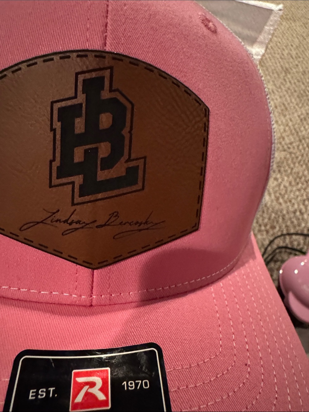 BNNW HUNTER PINK TRUCKER HAT W/ LEATHER LOGO PATCH SIGNED BY LINDSAY BERCOSKY